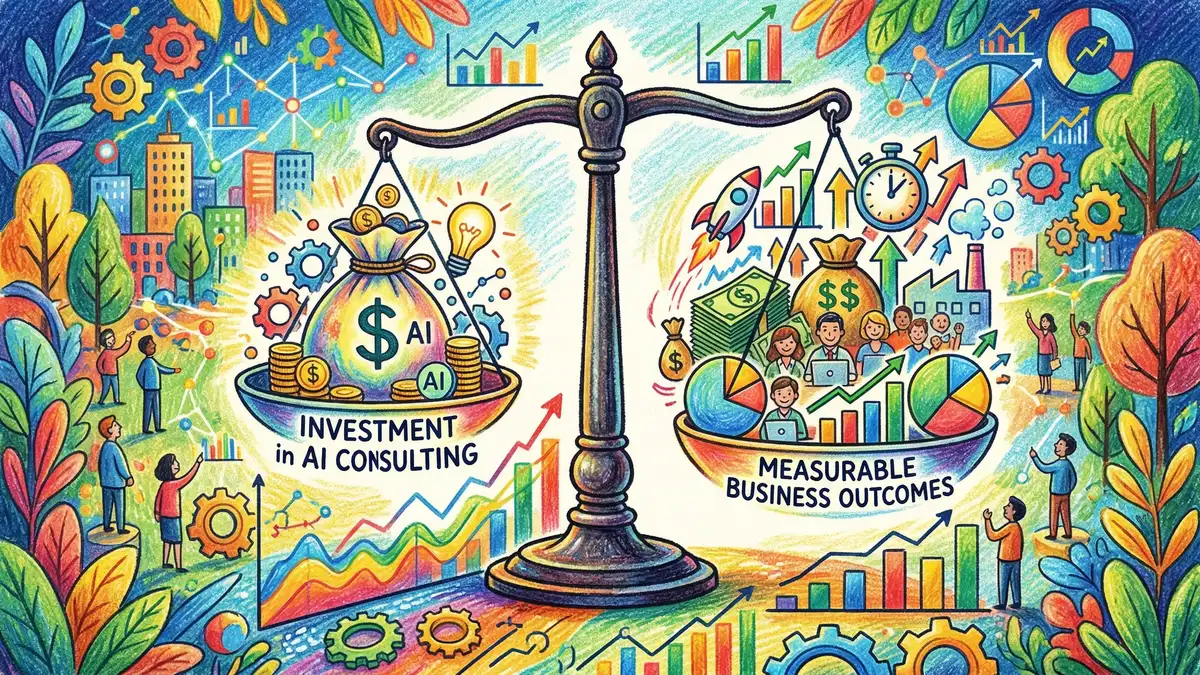 Pencil-crayon illustration showing ROI of AI consulting with a balance scale comparing investment costs against productivity gains