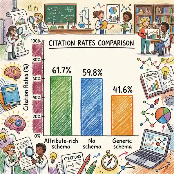 Bar chart comparing citation rates: attribute-rich schema 61.7%, no schema 59.8%, generic schema 41.6%