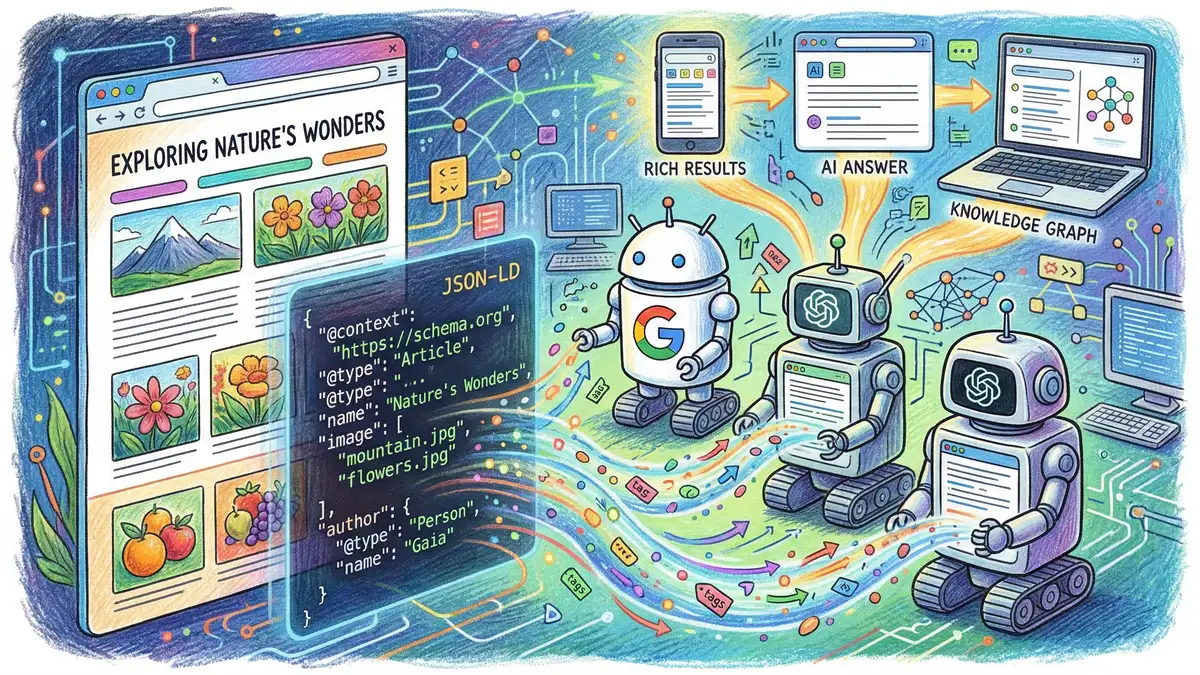 JSON-LD structured data connecting webpage content to Google, ChatGPT and Perplexity AI crawlers