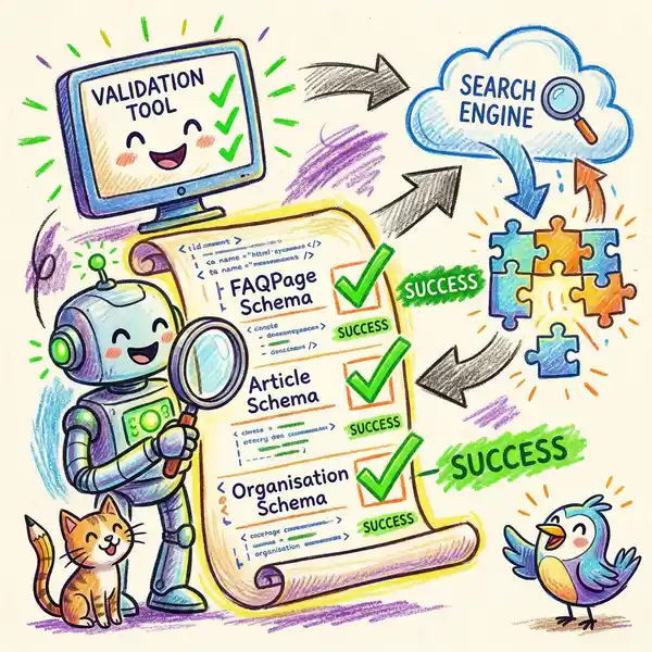 Schema markup validation showing FAQPage, Article and Organisation structured data types