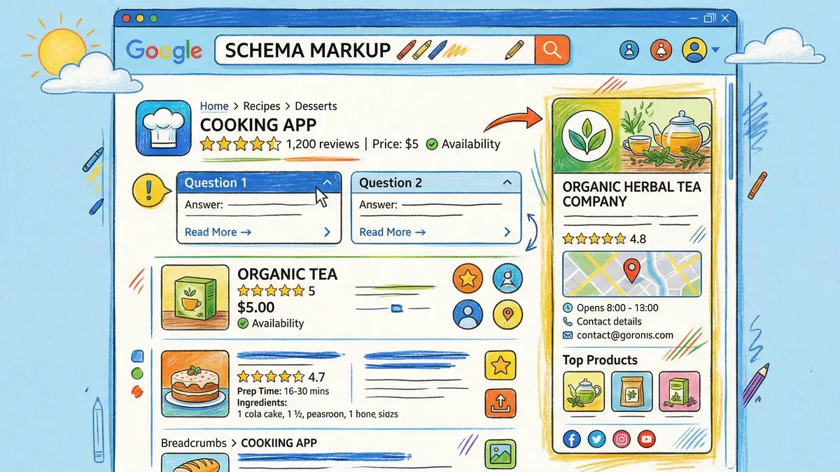 Rich results showcase with FAQ accordions, star ratings and knowledge panels from schema markup