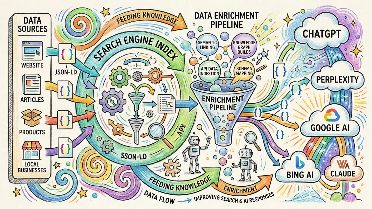 AI search pipeline showing schema markup enrichment in the indexing and ranking stages