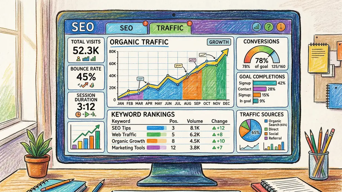 SEO performance dashboard showing organic traffic growth, keyword rankings, and conversion metrics over a 12-month period