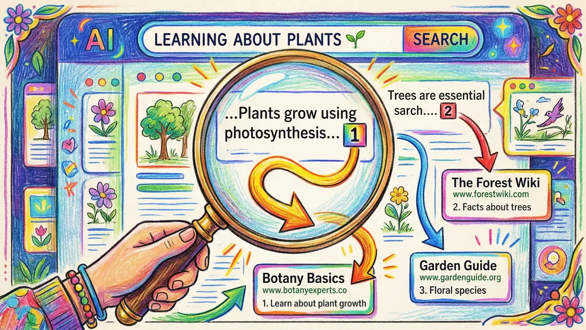 Pencil-crayon illustration of a magnifying glass examining AI search results with citation markers and source attribution arrows