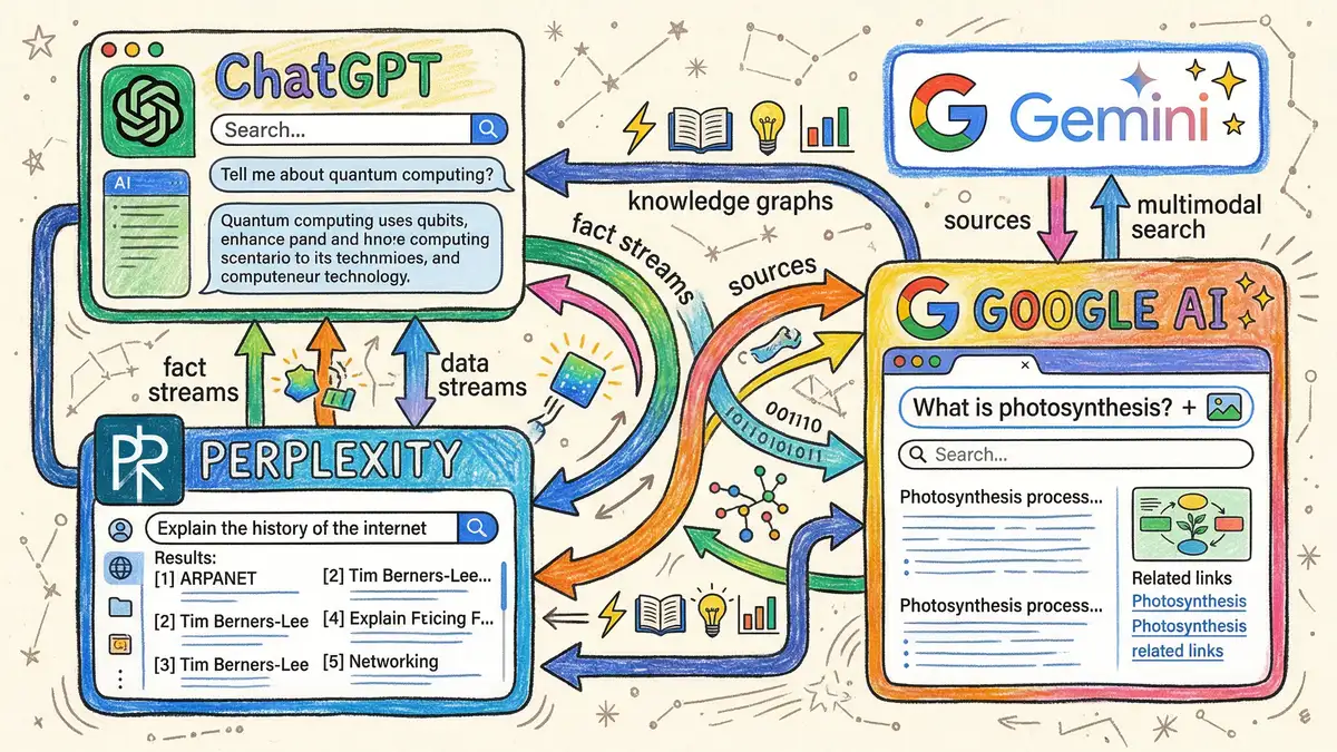 Pencil-crayon illustration of multiple AI search platforms including ChatGPT, Perplexity, and Google AI Overviews displayed as interconnected nodes