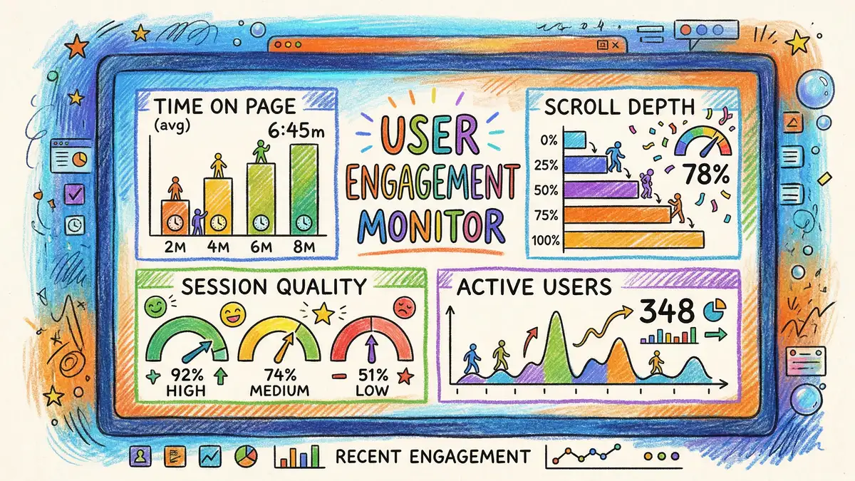 Pencil-crayon illustration showing engagement metrics like time on page, scroll depth, and session quality indicators on a monitoring screen