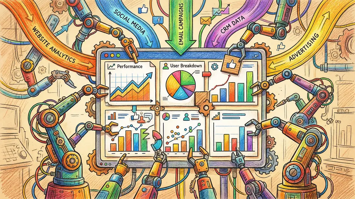 Pencil-crayon illustration of an automated reporting dashboard consolidating data from multiple analytics platforms into a single unified view