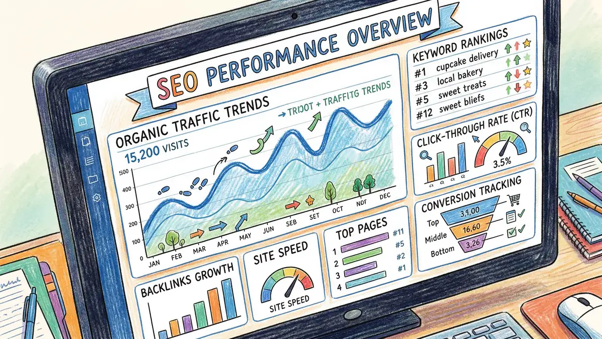 Illustrated dashboard showing SEO analytics metrics including traffic graphs, conversion funnels, and search visibility charts for UK businesses