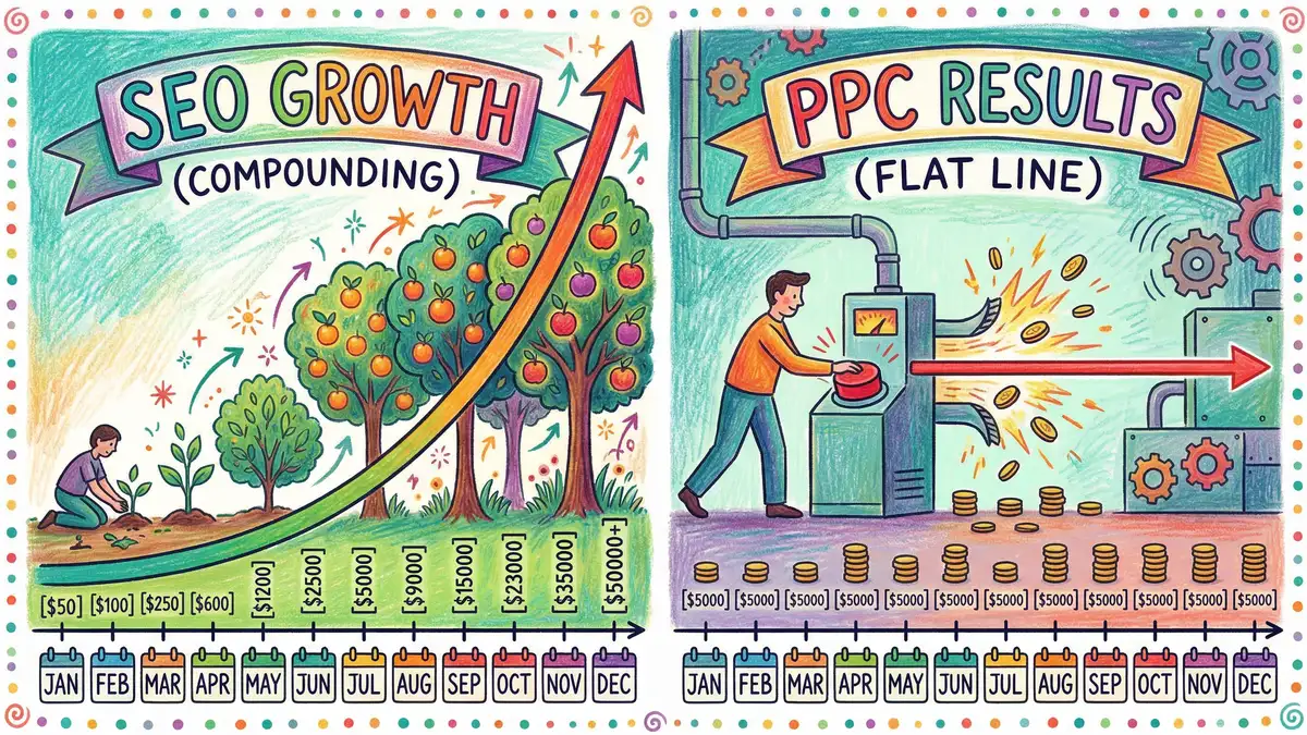 Illustrated comparison showing SEO ROI compounding over time versus PPC delivering immediate but flat returns, with revenue curves plotted over 24 months