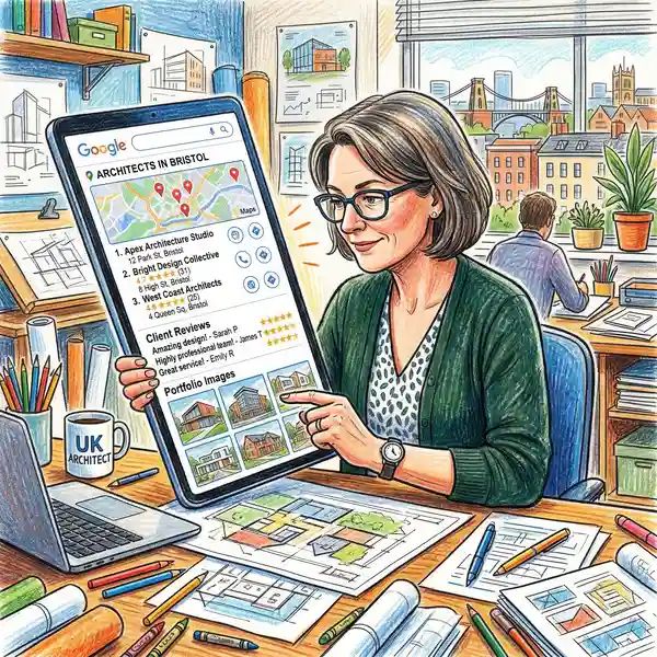 Architect reviewing local SEO rankings on tablet showing Google Maps results