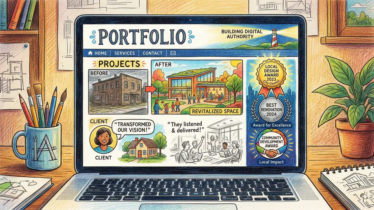 Architecture project portfolio showcased online with client testimonials and award badges