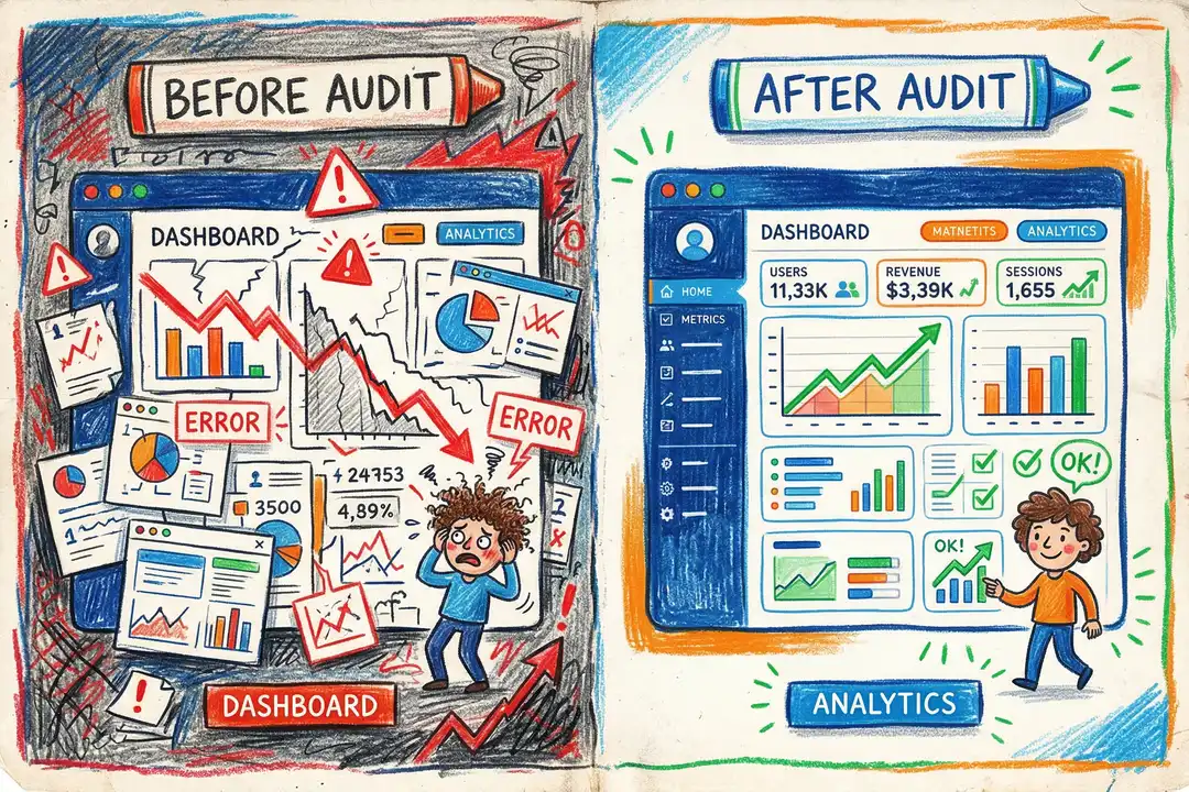 Before and after comparison showing website analytics dashboard improvements following a professional SEO audit