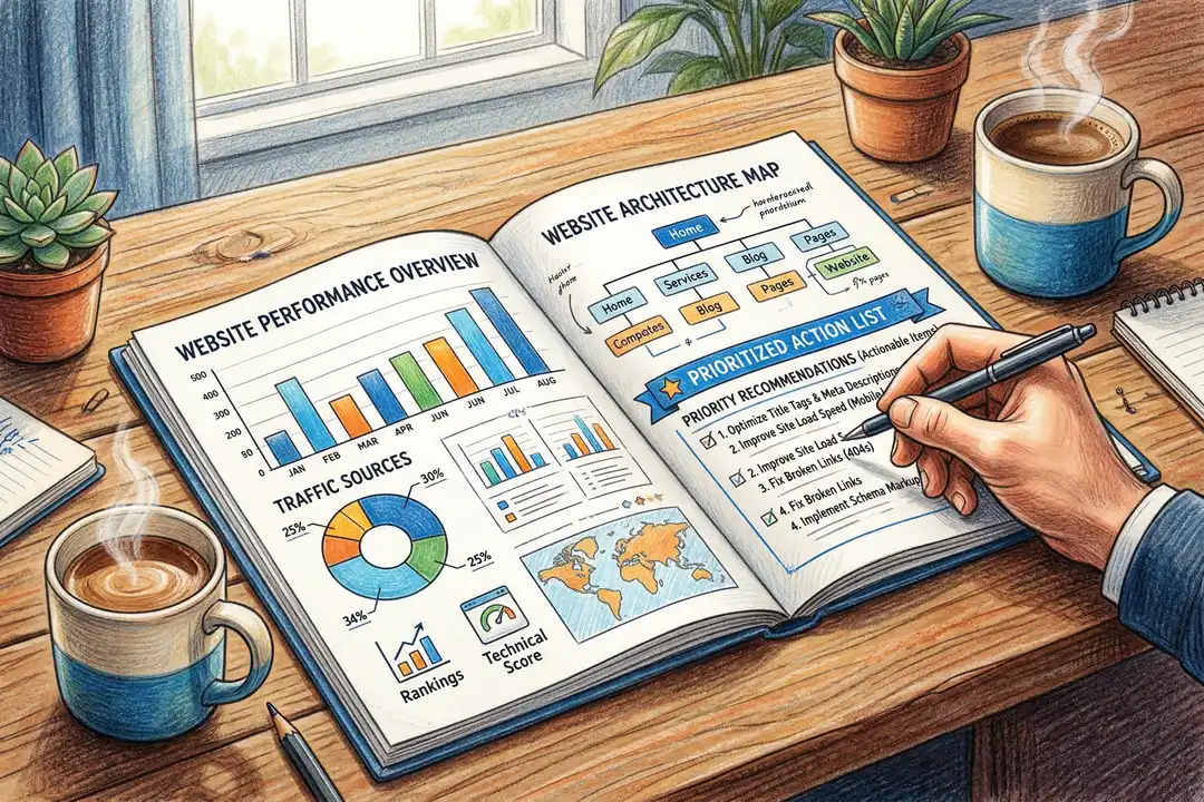 Professional SEO audit report showing prioritised action plan with charts and technical diagrams