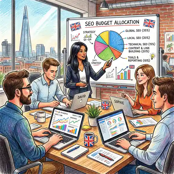 Marketing team planning SEO budget allocation around a table