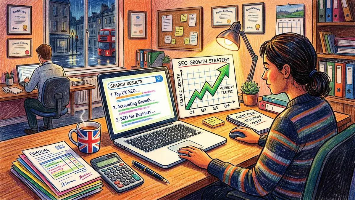 SEO strategy planning for UK accountants showing search engine optimisation concepts and organic growth