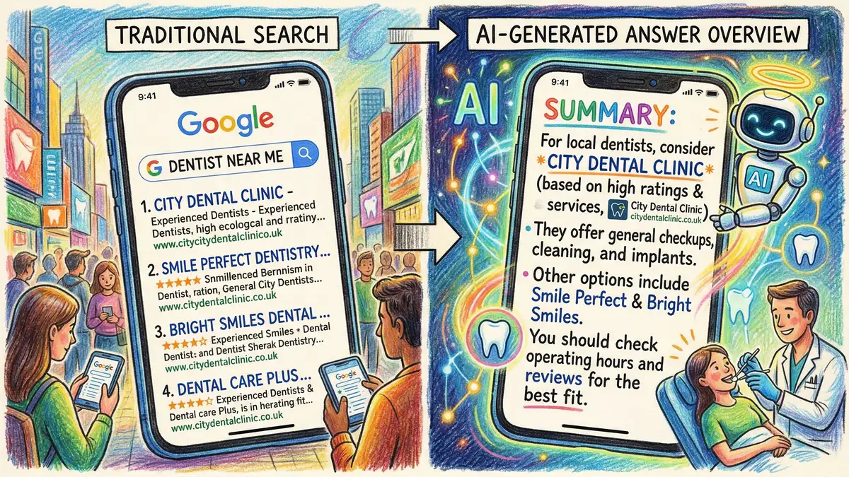 Comparison of traditional Google search results and AI-generated overviews showing how dental practices gain visibility through AI search citations