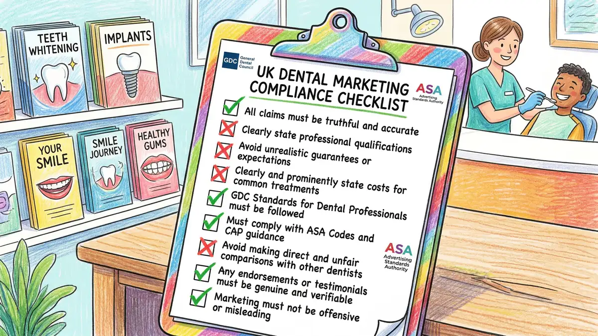 UK dental marketing compliance checklist showing GDC and ASA advertising standards requirements with verification tick marks for dental practice marketing materials