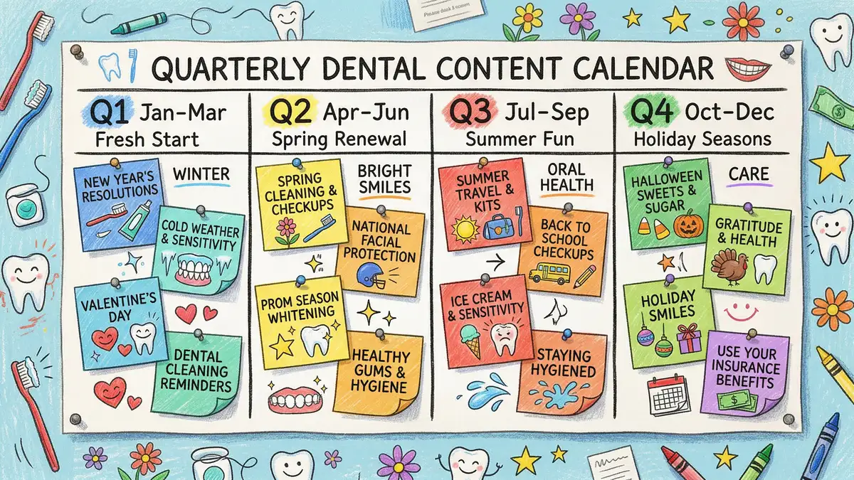 Seasonal content calendar for dental practices showing quarterly topics: whitening in winter, orthodontics in spring, preventive care in summer, cosmetic dentistry in autumn