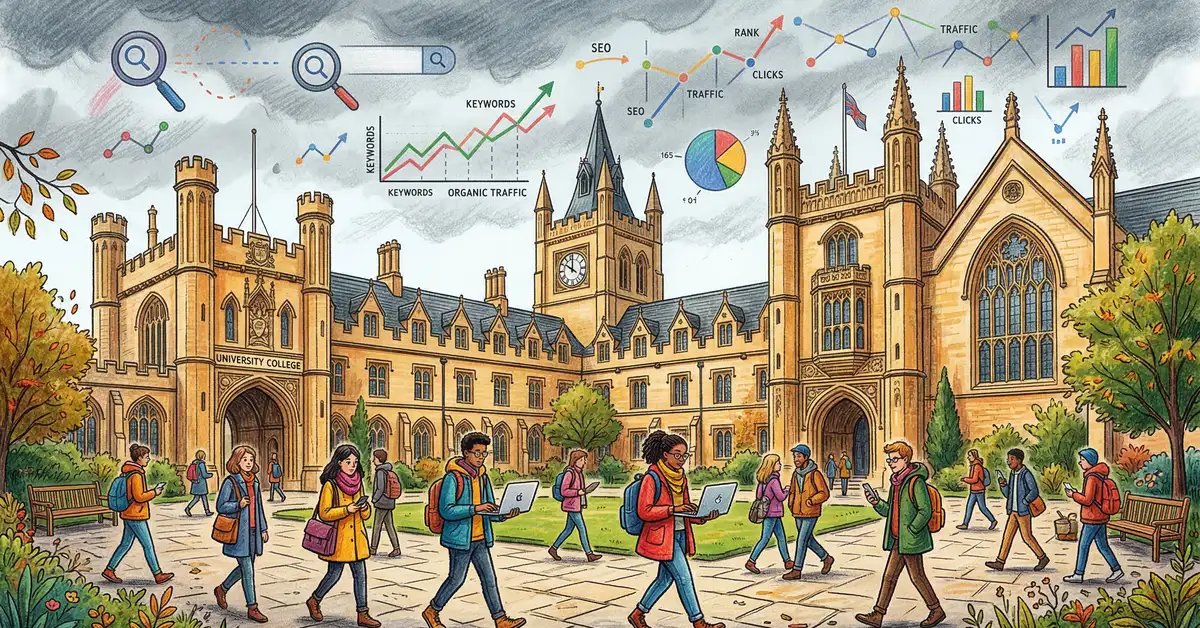 UK university campus building with digital SEO data visualisations — illustrating how higher education institutions can improve search visibility