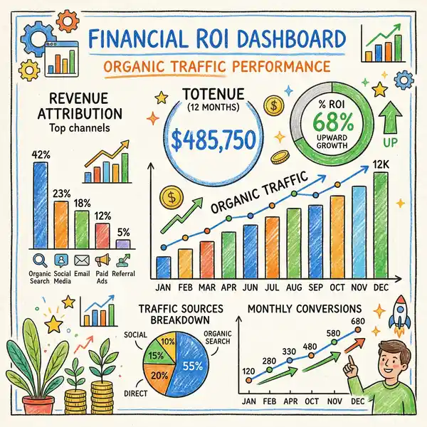 SEO return on investment dashboard showing organic traffic growth