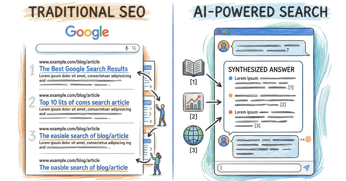 Pencil and crayon sketch comparing traditional search engine results pages with AI-generated synthesised answers showing the shift from ranked links to cited sources
