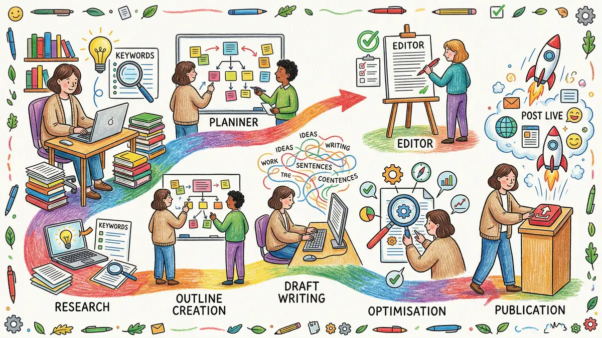 Step-by-step SEO writing process diagram for 2026