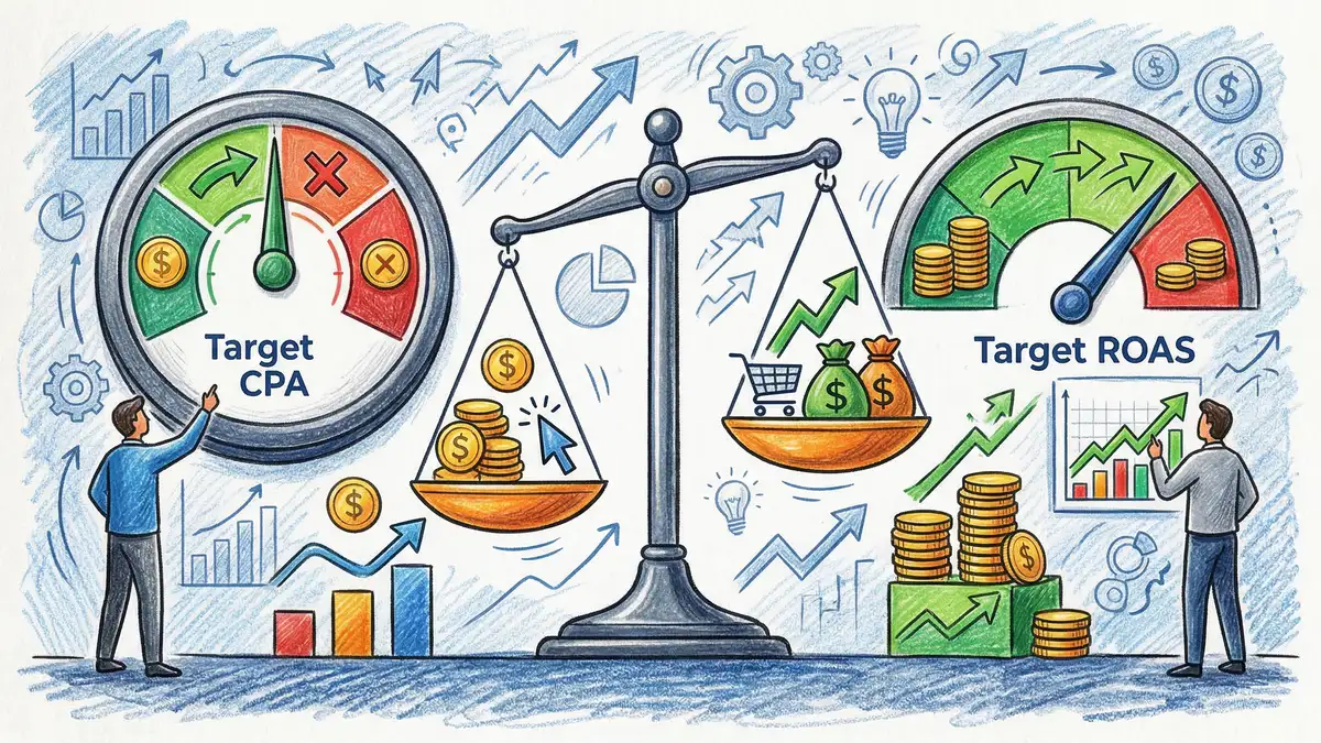 Comparison diagram showing how smart bidding strategies like Target CPA and Target ROAS affect Google Ads costs differently