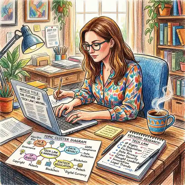 UK solicitor planning content strategy with topic cluster diagram and keyword research notes on laptop beside coffee