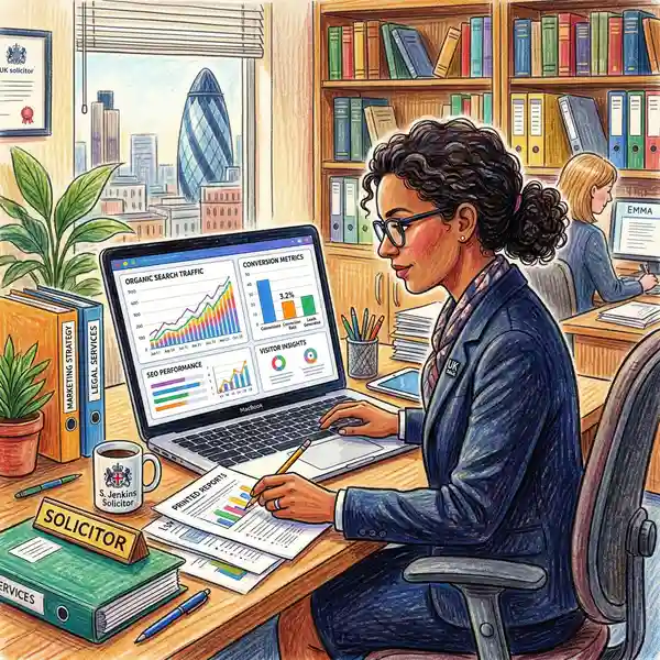 UK solicitor reviewing digital marketing analytics dashboard showing organic search traffic and conversion metrics on a laptop