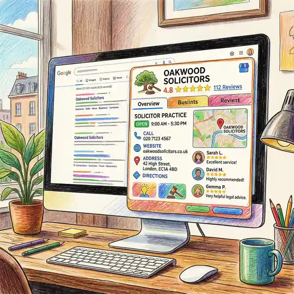 Google Business Profile listing for a UK solicitor practice showing star ratings, reviews, map location pin, and contact information