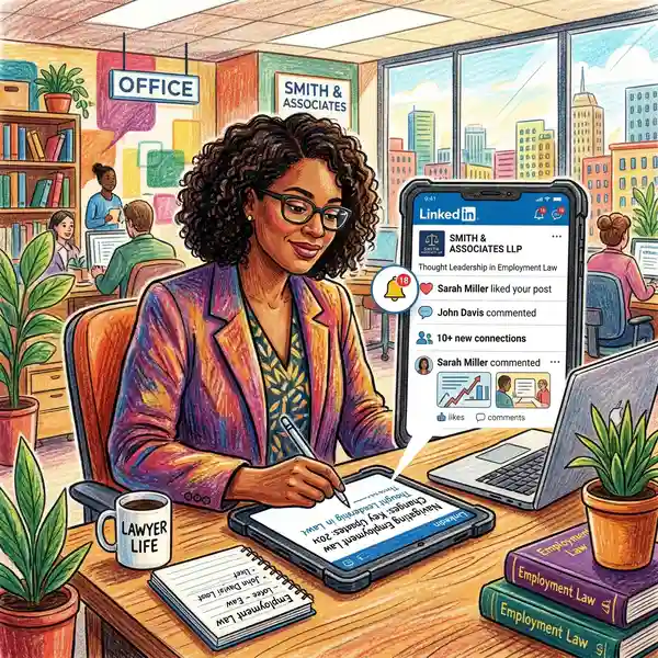 UK solicitor composing LinkedIn thought leadership article about employment law on tablet with engagement notifications and firm profile visible