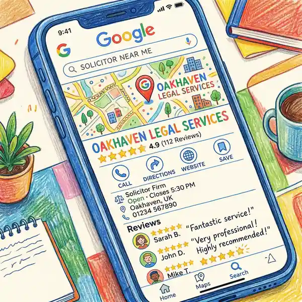 Google Business Profile listing for a UK solicitor firm showing client reviews and local search results on smartphone