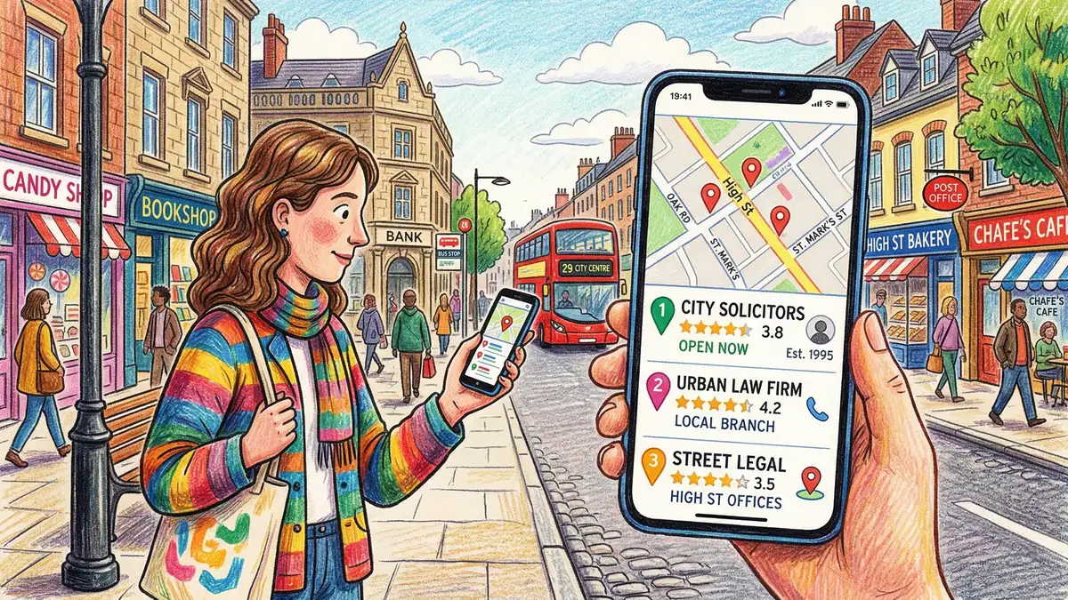 Person searching for a local solicitor on a smartphone with Google local pack results showing law firm listings on a UK high street