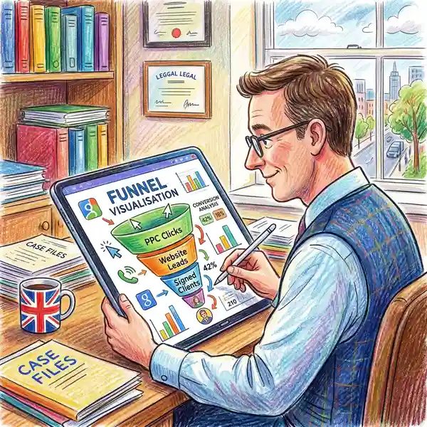 UK solicitor reviewing PPC conversion rate analytics on tablet showing funnel visualisation from clicks to leads to signed clients