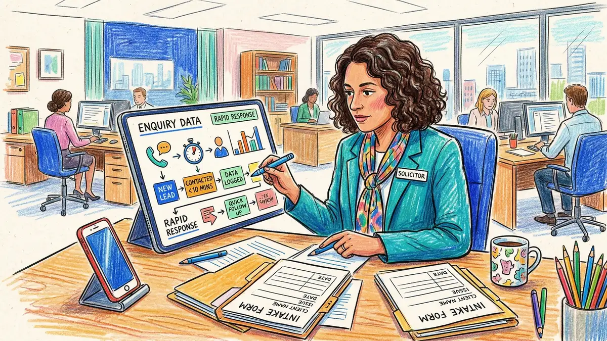 Solicitor reviewing enquiry data on tablet device with phone and intake forms showing rapid response lead management system