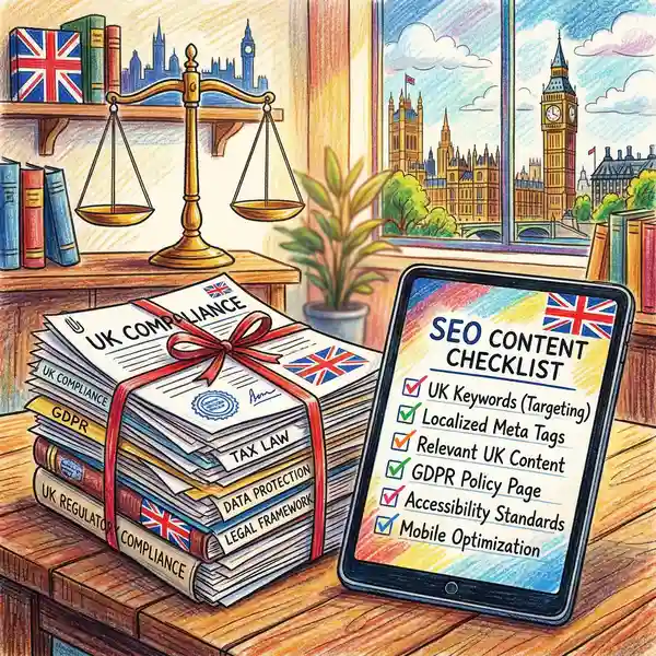 Legal compliance documents next to a tablet displaying an SEO content checklist with scales of justice representing UK regulatory compliance