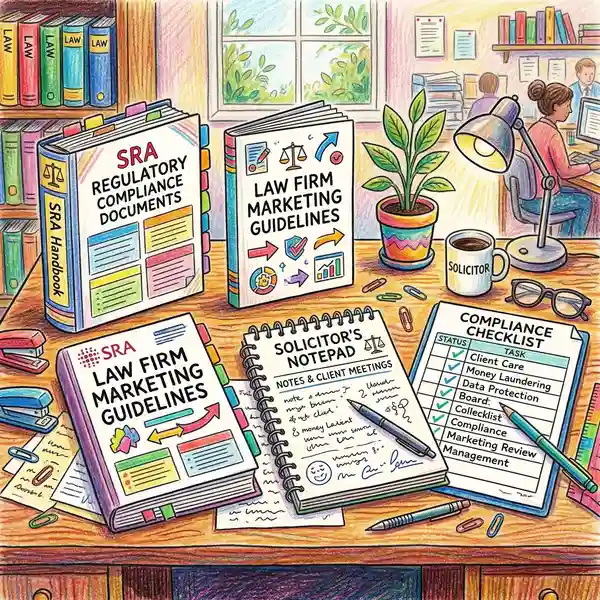 SRA regulatory compliance documents and law firm marketing guidelines with solicitor compliance checklist on desk