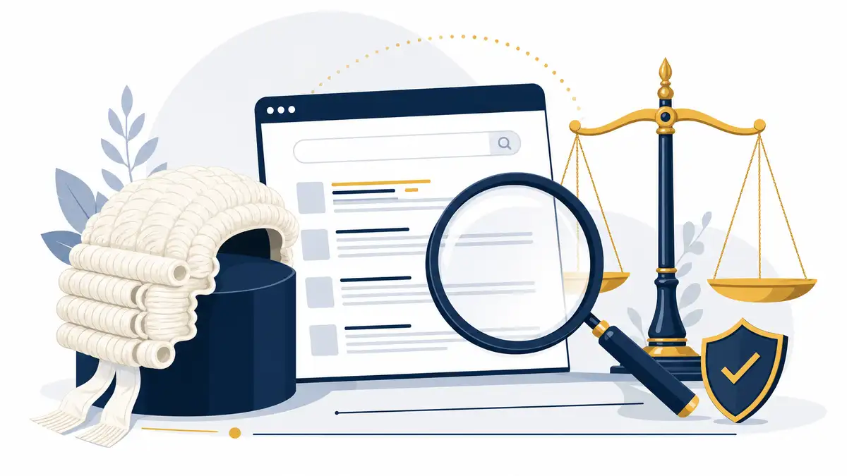 UK law firm office workspace with laptop showing search results, scales of justice and SRA-compliant search visibility overlay representing specialist SEO for solicitors
