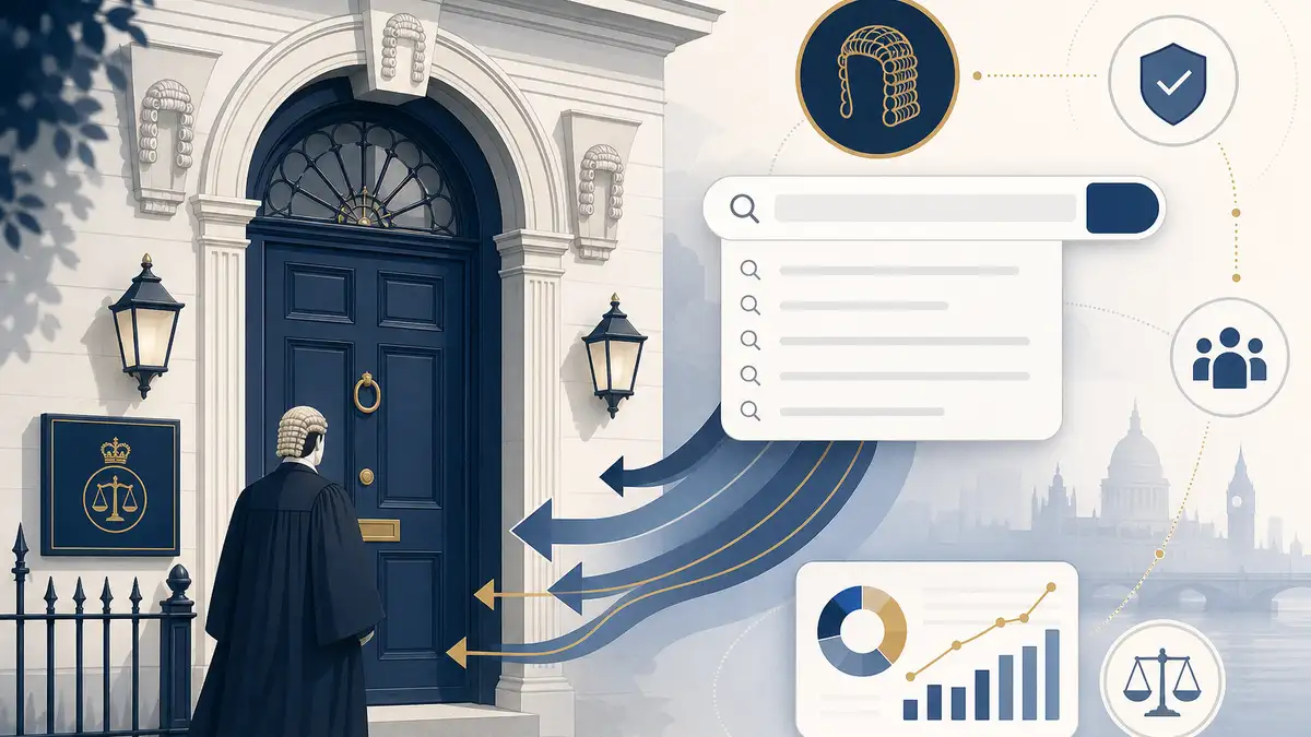 Barristers’ chambers visualised with SEO and search elements — BSB-aware digital strategy for direct-access and solicitor-referral channels in UK chambers