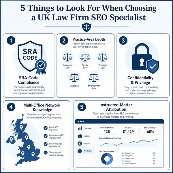 Decision matrix showing the five differentiation criteria for choosing a UK law firm SEO consultant: SRA compliance, practice-area depth, confidentiality, multi-office strategy, and instructed-matter attribution