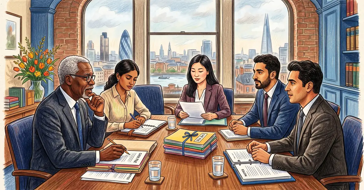 Marketing director and managing partner reviewing law firm SEO performance dashboard showing organic instructions, cost per matter, and practice area attribution