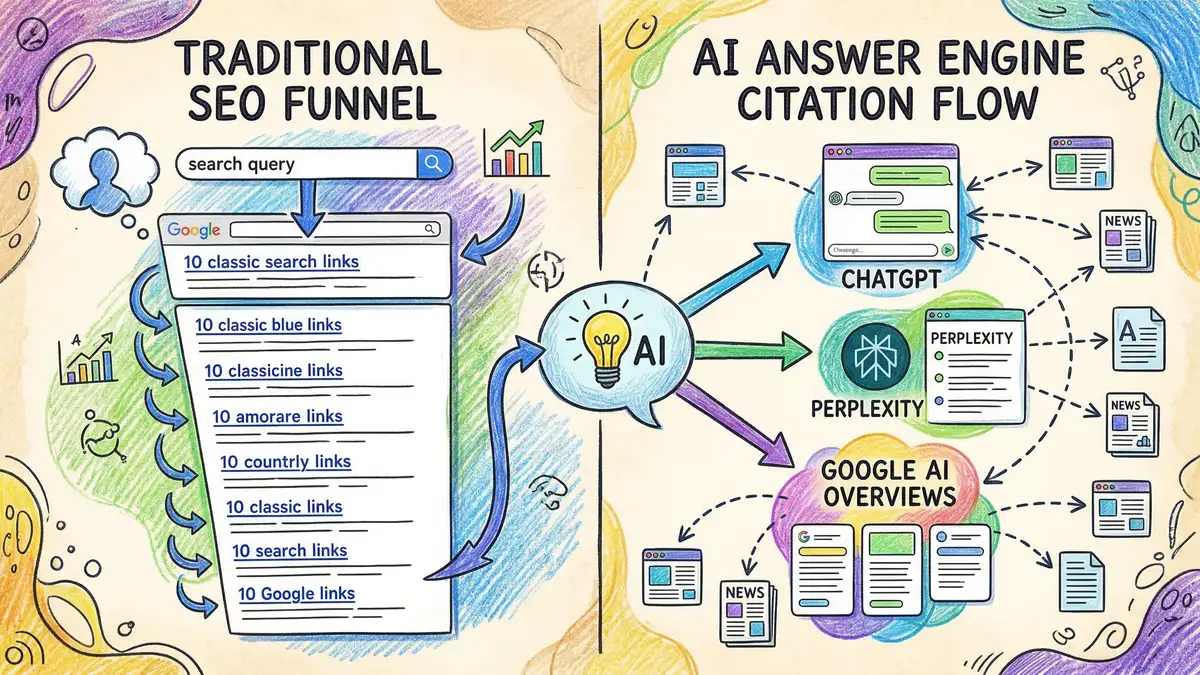 Diagram comparing traditional SEO ranking funnel with AI answer engine citation flow across ChatGPT Perplexity and Google AI Overviews