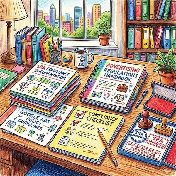 SRA compliance documentation and Google Ads policy guidelines on solicitor desk with compliance checklist and advertising regulations handbook