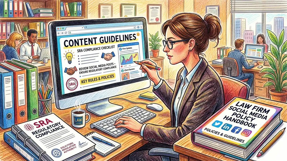 SRA regulatory compliance documents and social media policy handbook for solicitors with content guidelines review on computer screen