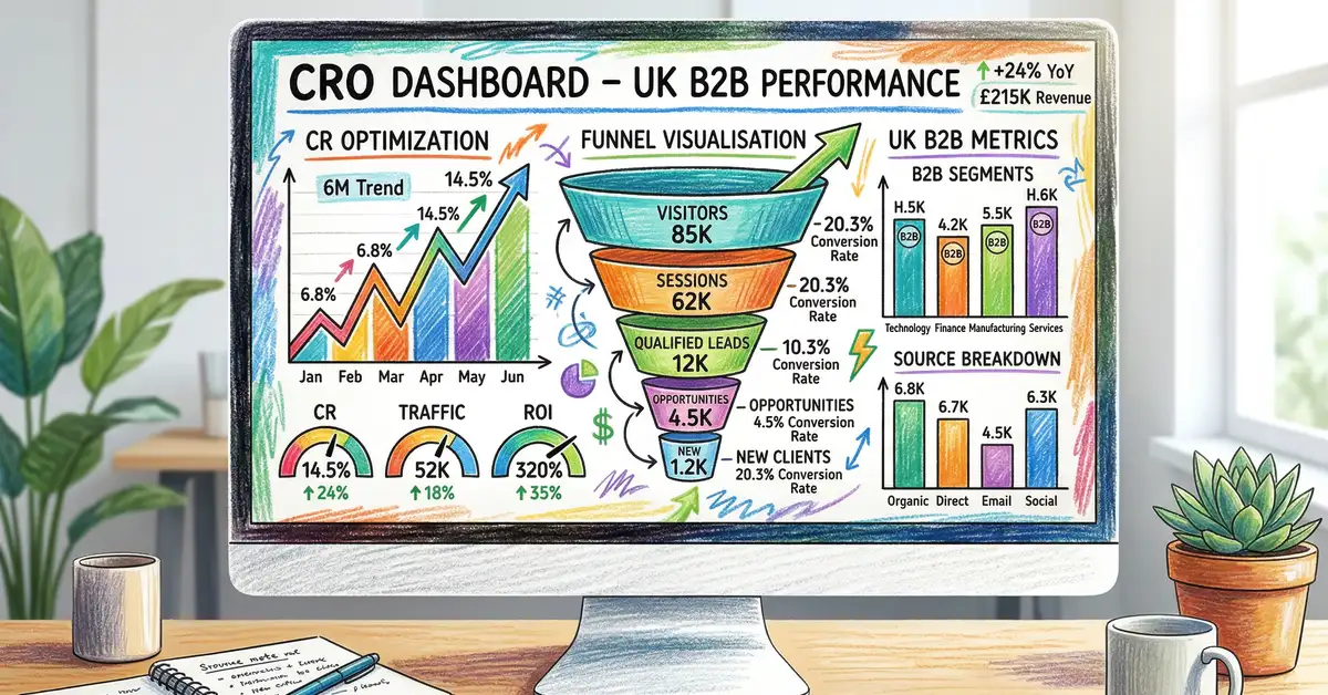 Strategic conversion rate optimisation dashboard showing website analytics with upward trending graphs and UK B2B conversion metrics