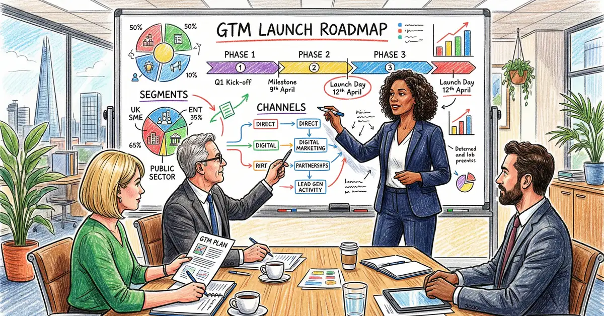 UK B2B executives planning go-to-market strategy around a boardroom whiteboard with market segments and channel diagrams