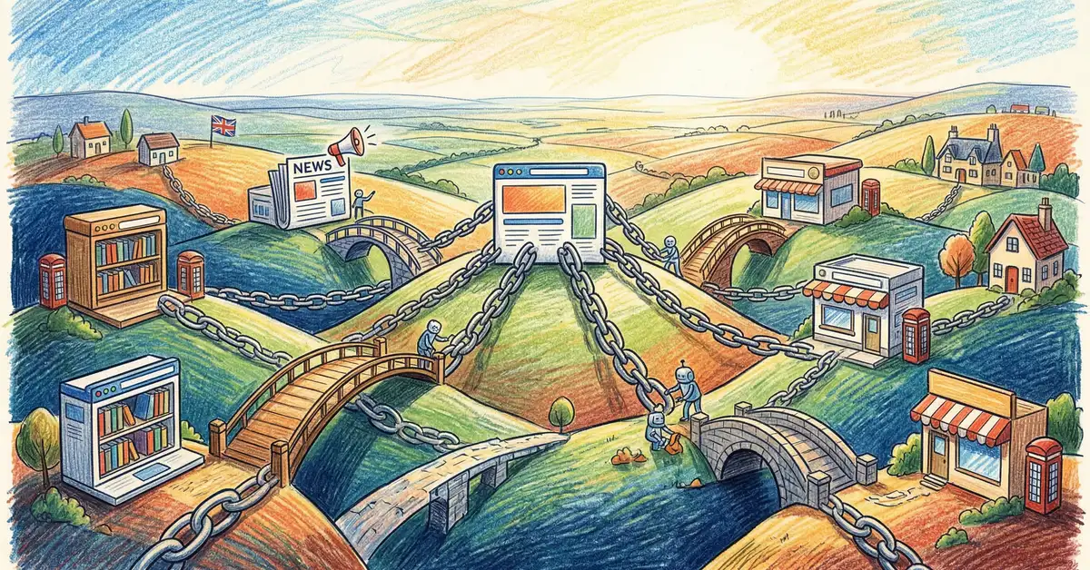 Colourful illustration of interconnected websites linked by chains and bridges, representing link building strategy for search engine optimisation