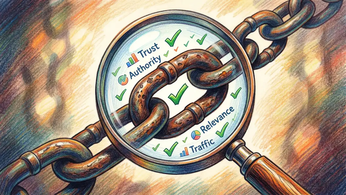 Pencil crayon illustration of a magnifying glass examining a chain link, representing quality assessment of backlinks for SEO