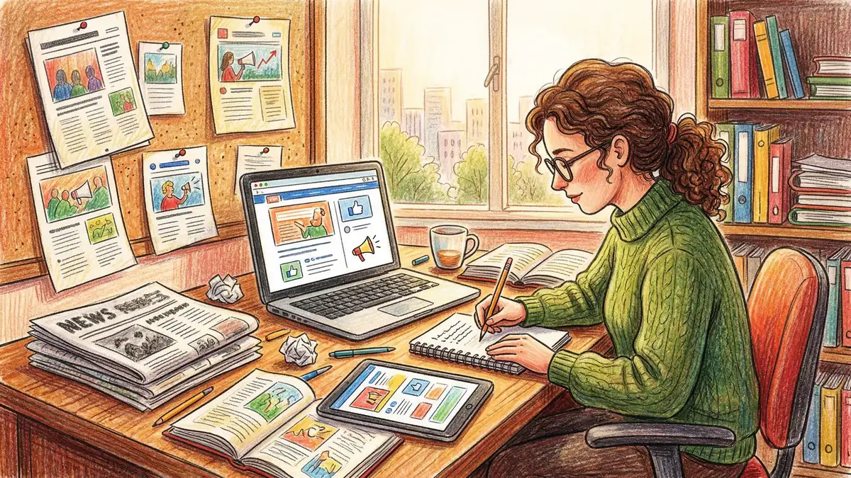 Illustration of a journalist writing at a desk surrounded by press clippings and digital screens, representing digital PR and content-led link building