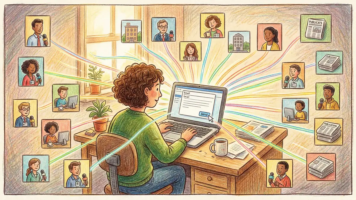 Pencil crayon illustration of a person sending outreach emails from a laptop with connection lines to journalists and publications
